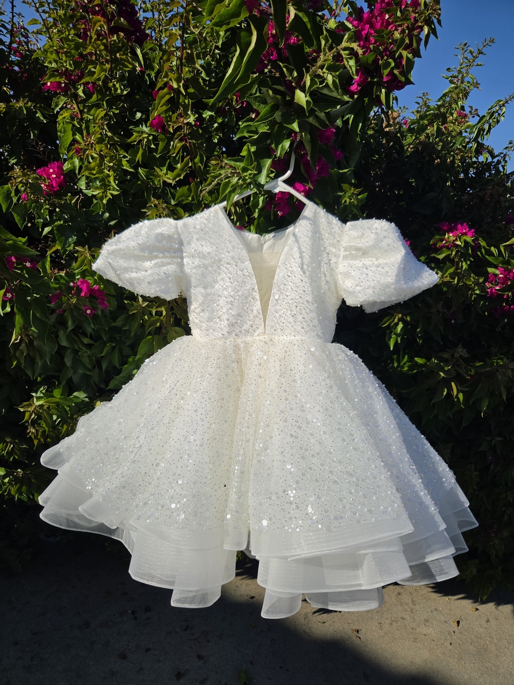 Girls White Sequin Pageant Dress Size 7-8 Puff Sleeve Tulle Flower Girl And More